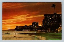 Waikiki Beach HI, Evening, Sunset, Hawaii c1973 Vintage Postcard picture
