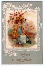 1908 Happy Birthday Pretty Girl Flowers Clapsaddle Embossed Antique Postcard picture