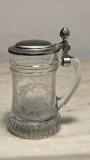 Small Mini Vintage Stein Deer Etching Pewter Top BMF Schnapskrugerl German Glass picture