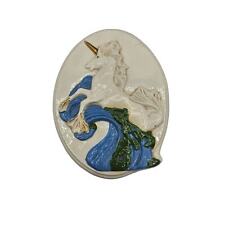 Vintage 1980s Hand Painted Unicorn Trinket Box Ceramic Oval Jewelry Box picture