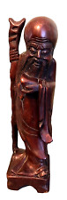 Carved Wooden Elderly Chinese Man Holding Staff Hand Carved Cedar Wood picture