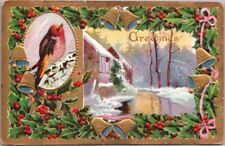 Vintage 1911 CHRISTMAS Embossed Postcard Winter House / River Scene / Holly picture