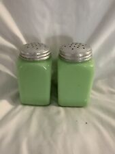 Vintage 1930s McKEE Uranium Jadeite Glass Salt Pepper Shakers  Original Lids picture