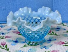 Vintage Fenton Ruffled  Blue Opalescent Hobnail Bowl ￼￼ picture