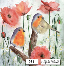(981) TWO Paper LUNCHEON Decoupage Art Craft Napkins - POPPY POPPIES ROBIN BIRD picture