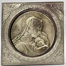 Antique Virgin Mother & Child Metal Religious Plaque Made Italy Frame 3.5 x 3.5 picture