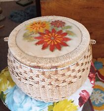 Vintage JC Penney Wicker Large Round Floral Embellished Portable Sewing Basket picture