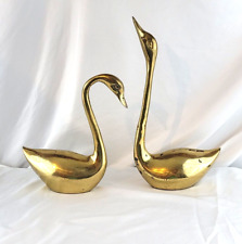 Vintage Pair of Large Brass Swans Sculptures MCM Patina Aging 16in & 11in Tall picture