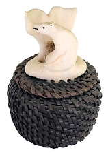 Signed Native Alaskan Iñupiaq Handwoven Baleen Basket Polar Beer Whale Finial picture