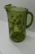 Vintage Green  Avocado Green Daisies Pitcher  Glass picture