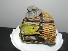 Ceramic Fishing Basket Hinged Trinket Box with Hat Bass Lures Father's Day Gift picture