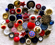 50 Vtg RED WHITE BLUE Sewing Buttons Mixed Lot Button Soup Stars Stripes Gold picture