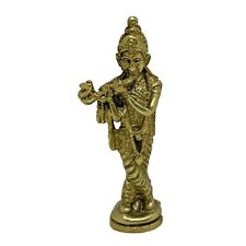 Lord Krishna Vishnu Avatar Playing Flute Hindu Amulet Mini Brass Idol Statue picture