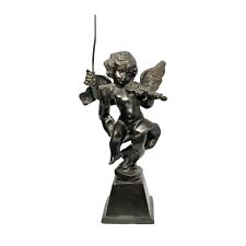 1970s Vintage Cast Bronze Cherub Putti Angel Statue Figurine Playing Violin 13” picture