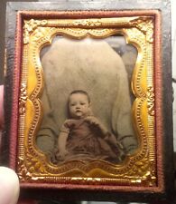 Vintage Old Hand Painted Ambrotype Photo of Victorian Baby Girl + Half Case  picture
