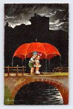 1920'S. ARTIST SIGNED. KIDS IN THE RAIN, LARGE UMBRELLA. POSTCARD MM28 picture