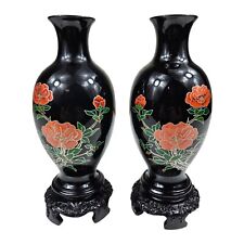 VTG Chinese Black Lacquer Vases Hand painted Flowers Floral Matching Pair 8