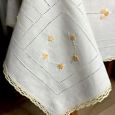 Vintage Embroidered Linen Card Tablecloth Floral Yellow  36” Square Cottagecore picture