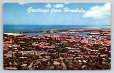 Greetings from Honolulu HI Aerial View Business Section Harbor Vtg Postcard UNP picture