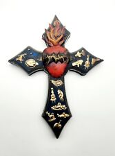 Vintage Sacred Heart Milagros Wood Cross Handmade Mexican Folk Art Gold Figures picture