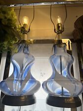 Vintage Pair MCM Murano Style Blue White Striped Swirl Glass Lamps picture