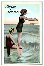 Beach Bathing Beauties Postcard With Hat Diving Surf Spring Chickens c1930's picture