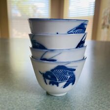 Vintage Chinese White Blue Koi Fish Hand-Painted Porcelain Teacups~ Set of 4 picture