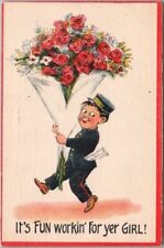 1913 VALENTINE'S DAY Postcard Li'l Delivery Boy w/ Big Bouquet of Red Roses picture