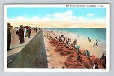 Galveston TX-Texas, Sea Wall and Beach, Antique Vintage Souvenir Postcard picture
