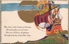 Vintage New Year ART DECO Postcard Spanish Galleon / Sailing Ship / 1931 Cancel picture