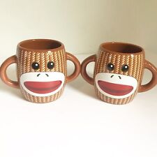 Set Of 2 Sock Monkey Double Handle Coffee Tea Mugs picture