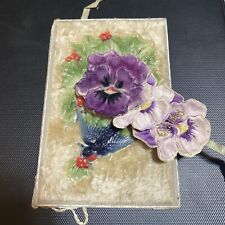 Flocked Antique purple flower mistletoe Christmas Card  1917 Bird violets Pansy picture