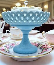 Antique Blue Milk Glass Compote Bowl Pedestal Basket Weave Challinor & Taylor picture