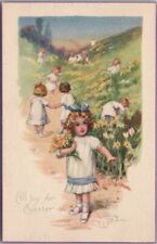 c1910s EASTER Greetings Postcard Girls Picking Daffodil Flowers / Series 115 picture