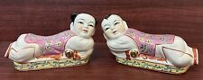 Vintage Pair 1940-50s Chinese Enameled Porcelain Boy & Girl Pillow Figures  picture