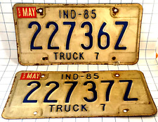 2 Indiana Expired License Plate Truck 1985 Blue/White Sequential 22736Z & 22737Z picture