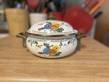 Vintage M  Kamenstein Inc  Enamel and Brass Two Quart Floral Pot With Lid picture