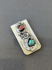 Vintage Navajo Money Clip Sterling Silver Coral Turquoise  C6 picture