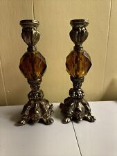 2 Vintage Candle Holders Amber Lucite Cast Metal Mid Century Candlesticks picture