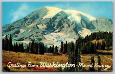 Greetings Washington Mount Rainier Snowcapped Mountain Forest Vintage Postcard picture