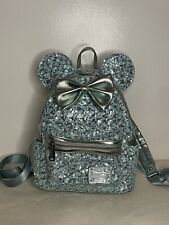 Disney Arendelle Aqua Blue Loungefly Minnie Mouse Frozen Sequin Backpack/Ears picture