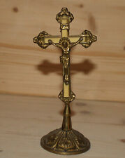 Vintage hand crafted brass desk cross crucifixion picture