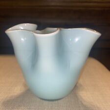 Vntg Hand Blown Art Glass Vase baby blue Handkerchief Rim picture