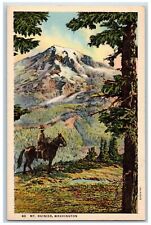 Rainer National Park Washington Postcard Mt. Rainier Man Riding Horse c1940s picture