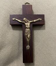 Vintage pectoral cross Brown wood 4.5 Silver Crucifix Brown Metal Altar Server picture