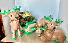 VTG Kimple Mold Ceramic 3 Reindeer & Sleigh Hand Painted Polka Dot & Holly picture