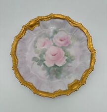 Antique Limoges Hand-Painted Pink Roses Plate Signed by Theola with Gold Trim picture