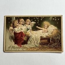 Antique Embossed Beautiful Merry Christmas Postcard Baby Jesus Angels Manger picture