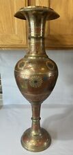Vintage Detailed Brass Etched Vase With Colors 24” Tall Floral Urn Vase Solid picture