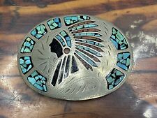 Vintage Johnson Held Turquoise Coral Indian Chief Inlay Western Belt Buckle picture